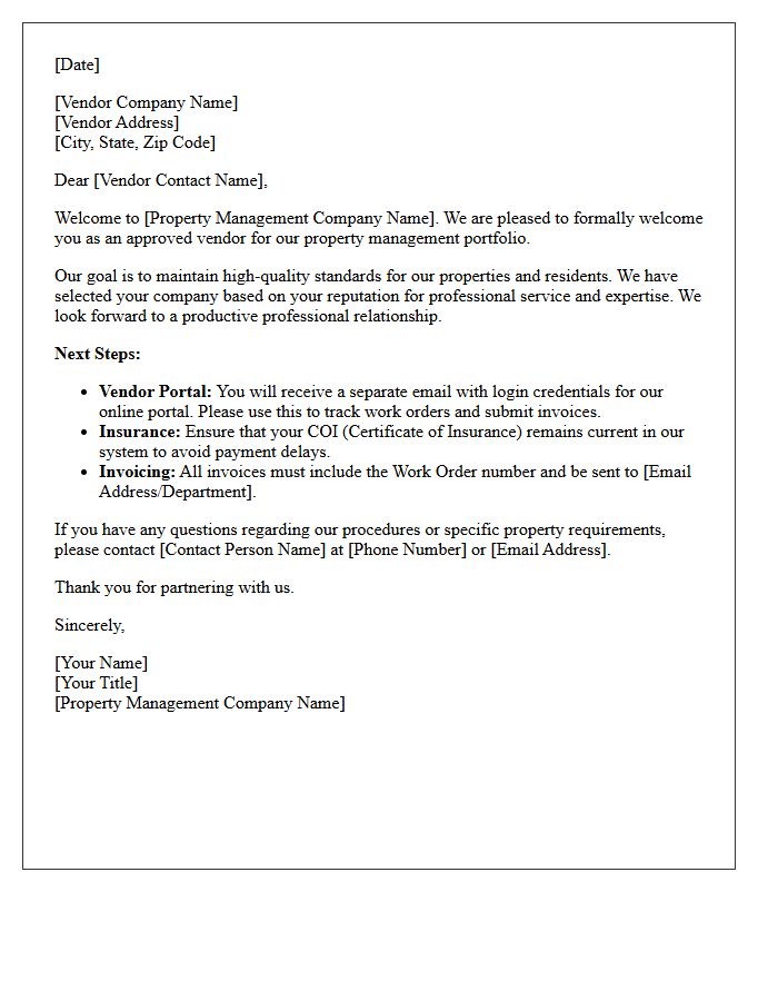 Property Management Vendor Onboarding Welcome Letter