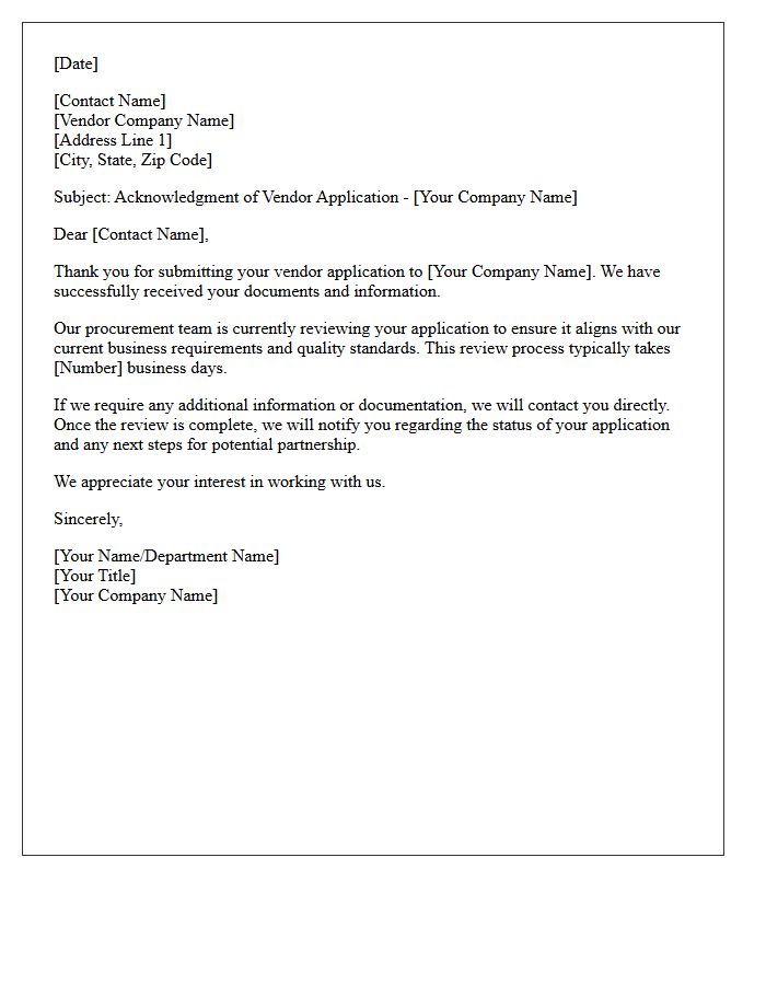 Vendor Application Receipt Acknowledgment Letter