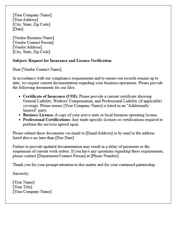 Vendor Insurance And License Verification Letter