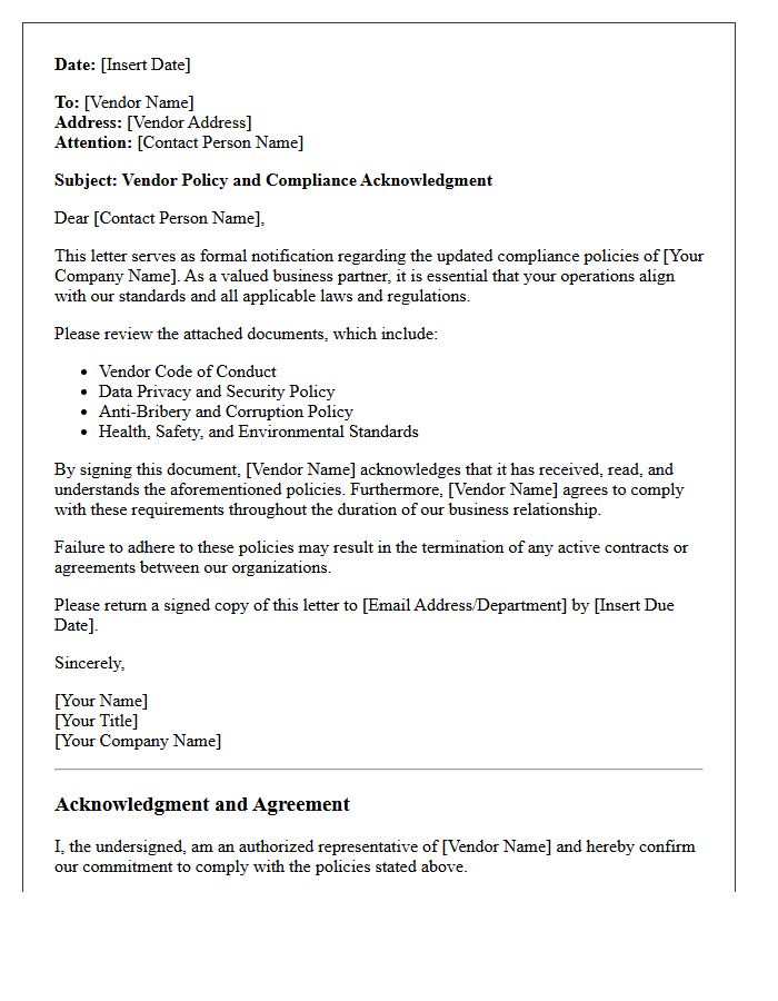 Vendor Policy And Compliance Acknowledgment Letter