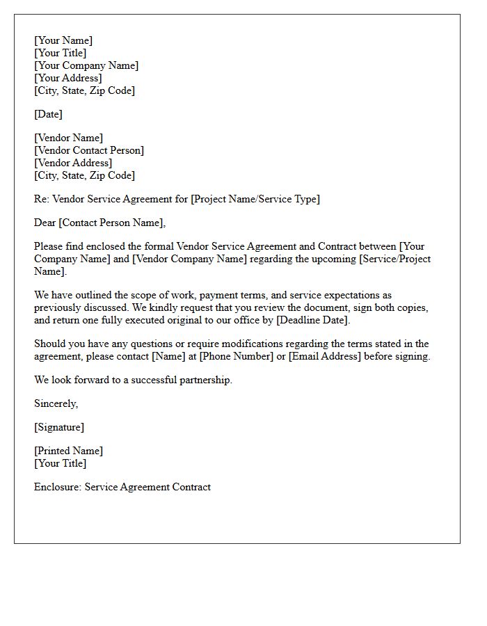 Vendor Service Agreement And Contract Enclosure Letter