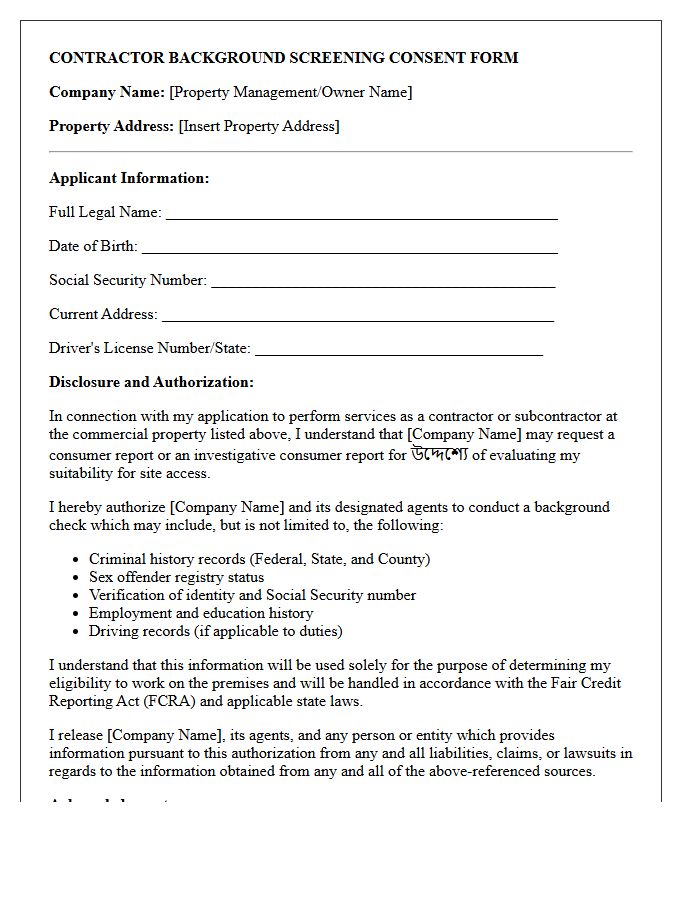 Commercial Property Contractor Background Screening Consent Letter