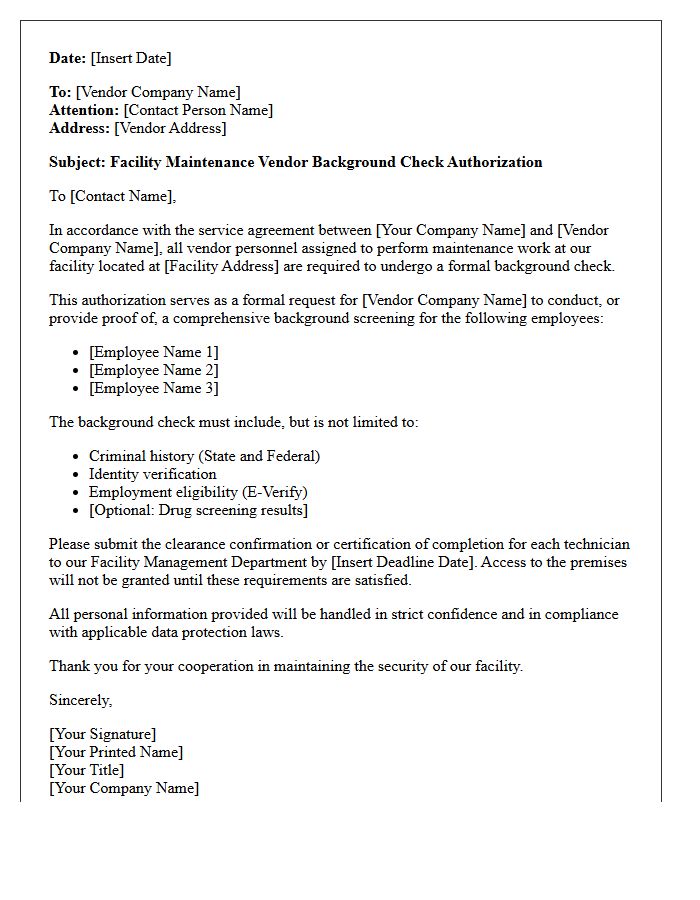 Facility Maintenance Vendor Background Check Authorization Letter