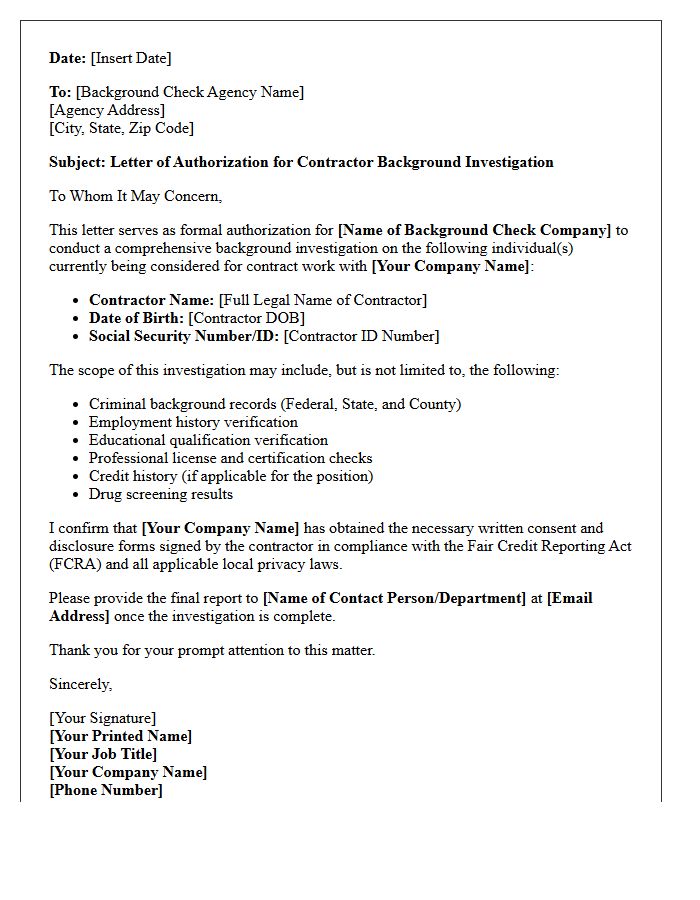 Letter of Authorization for Contractor Background Investigation