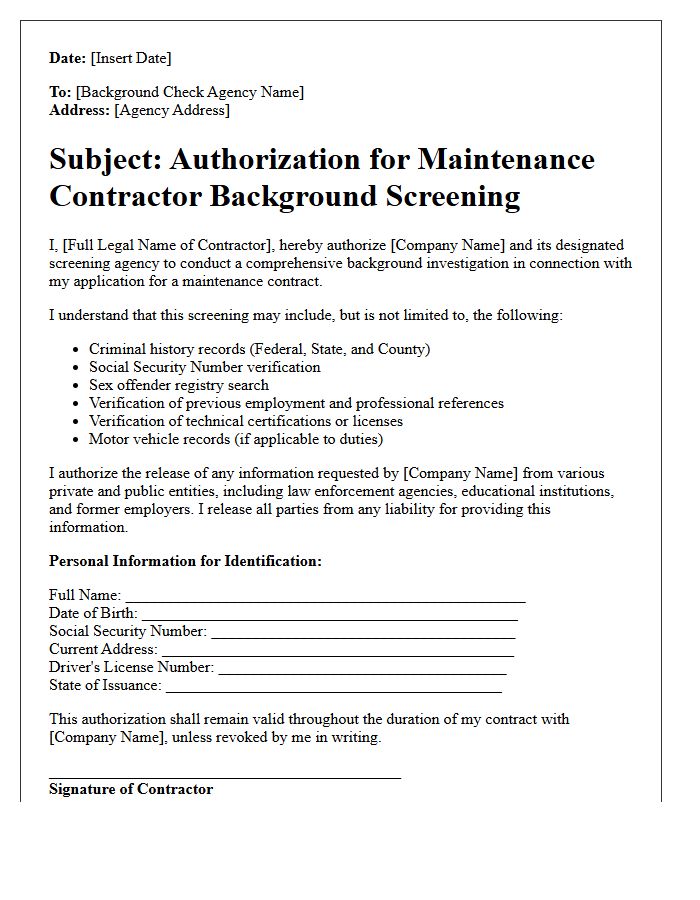 Maintenance Contractor Background Screening Authorization Letter