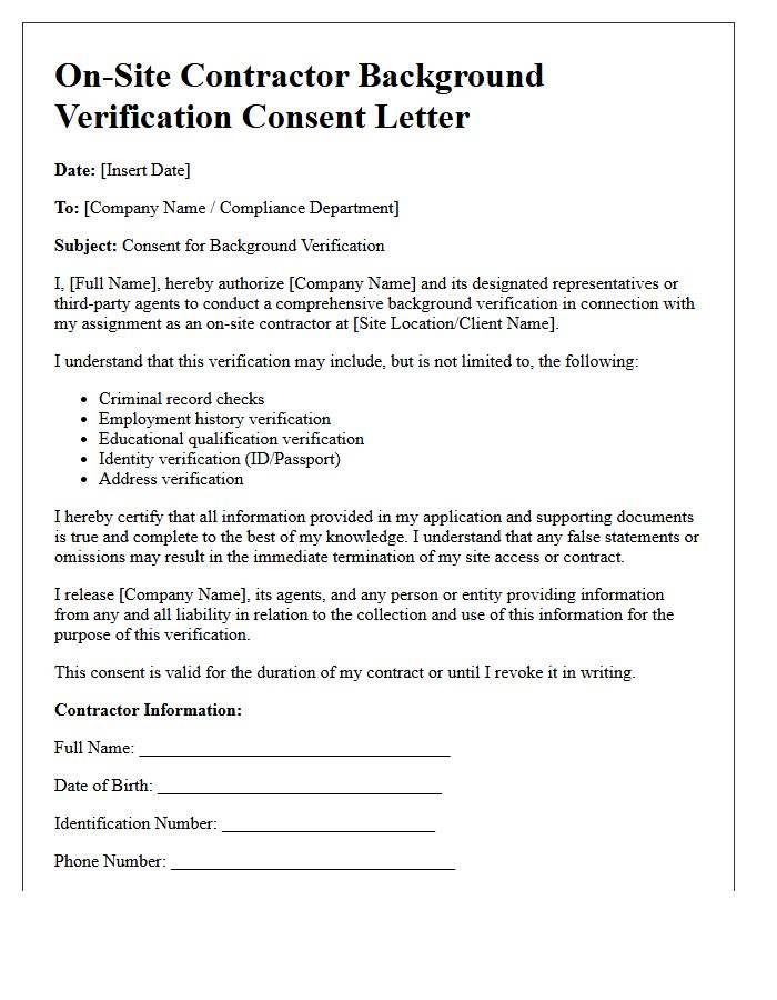 On-Site Contractor Background Verification Consent Letter