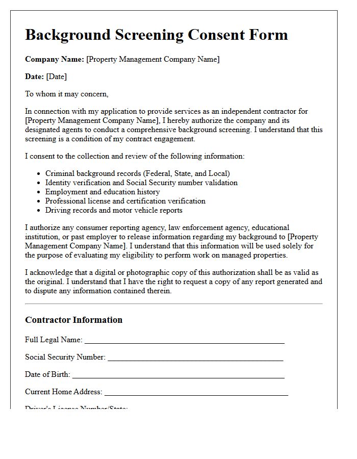 Property Management Contractor Background Screening Consent Letter