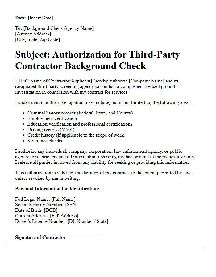 Third-Party Contractor Background Check Authorization Letter