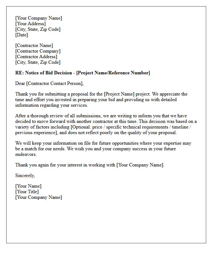Contractor Bid Rejection Notification Letter