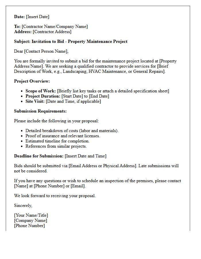 Invitation to Bid on Property Maintenance Project Letter