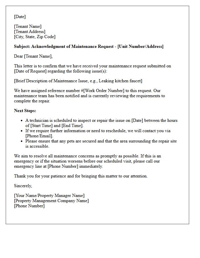 Property Maintenance Request Acknowledgment Letter