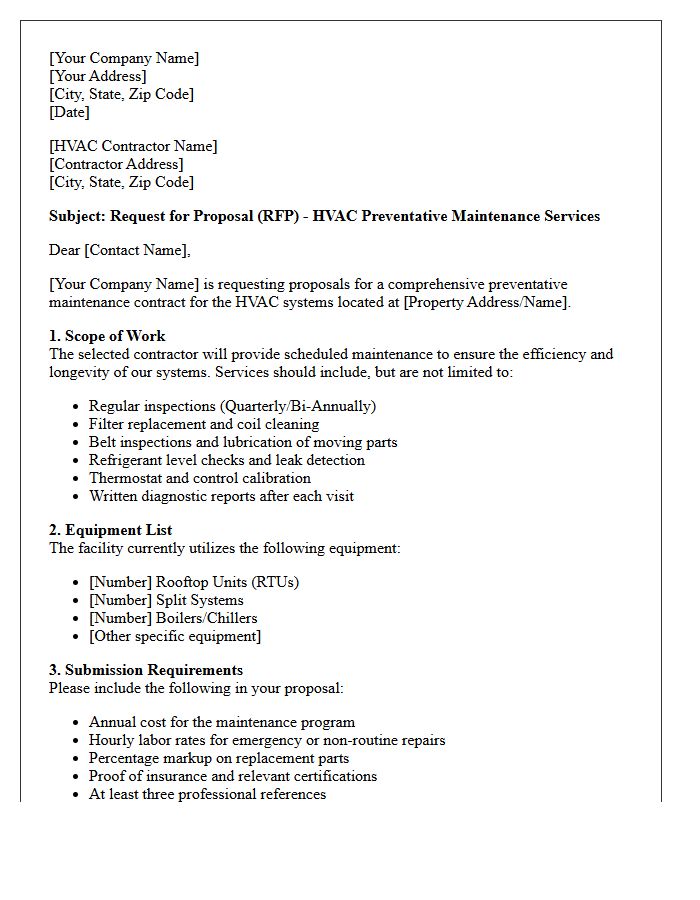 HVAC Preventative Maintenance Request for Proposal Letter