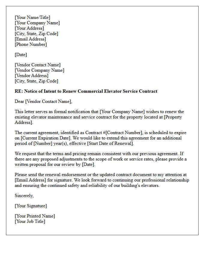 Commercial Elevator Servicing Vendor Contract Renewal Letter