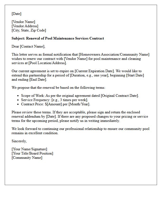 Community Pool Maintenance Vendor Contract Renewal Letter