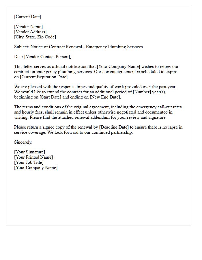 Emergency Plumbing Vendor Contract Renewal Letter