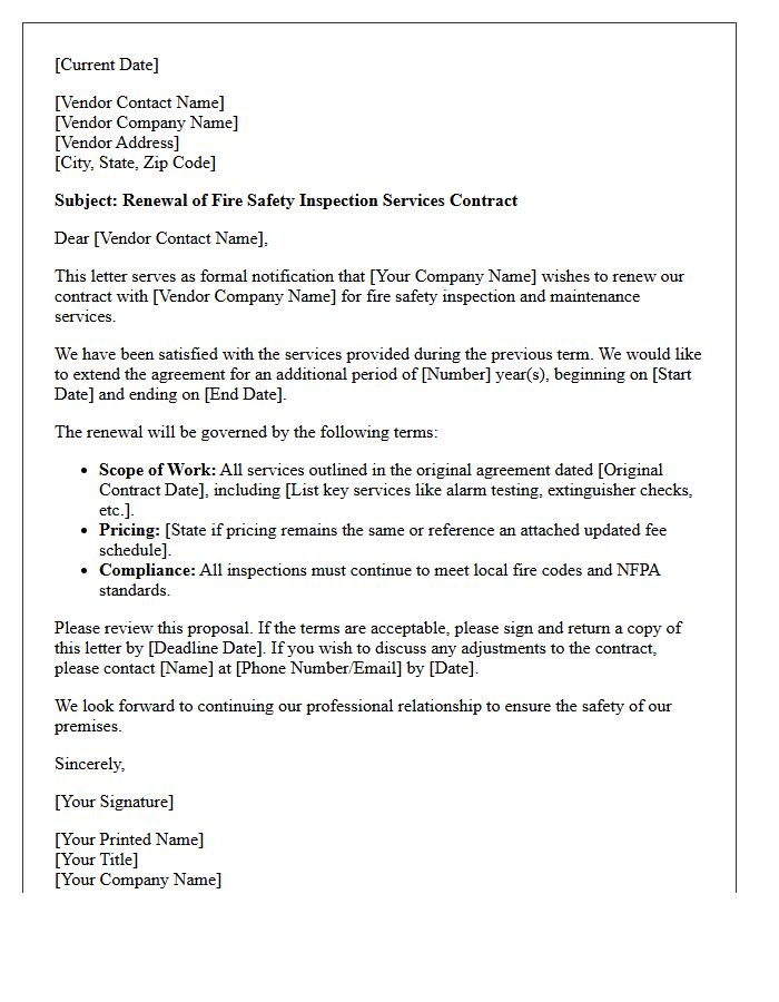 Fire Safety Inspection Vendor Contract Renewal Letter