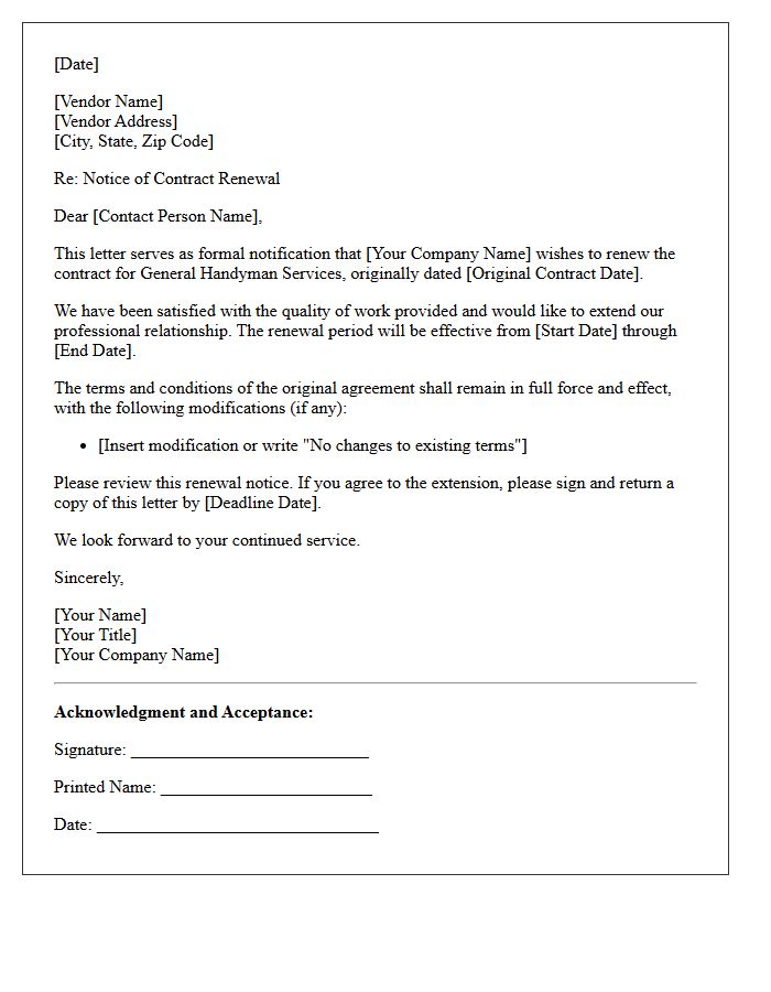 General Handyman Services Vendor Contract Renewal Letter
