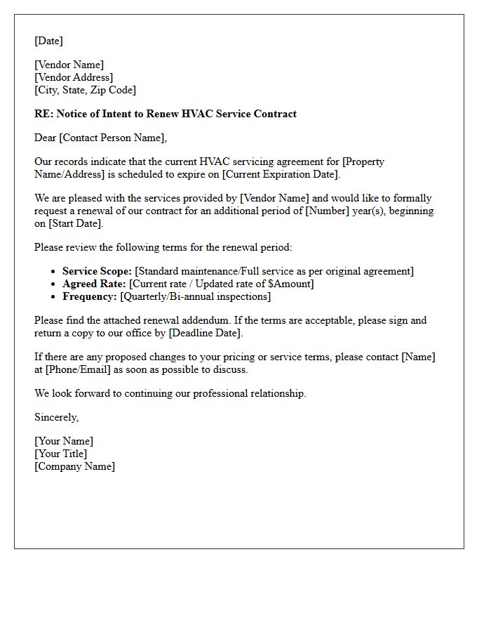 HVAC Servicing Vendor Contract Renewal Letter