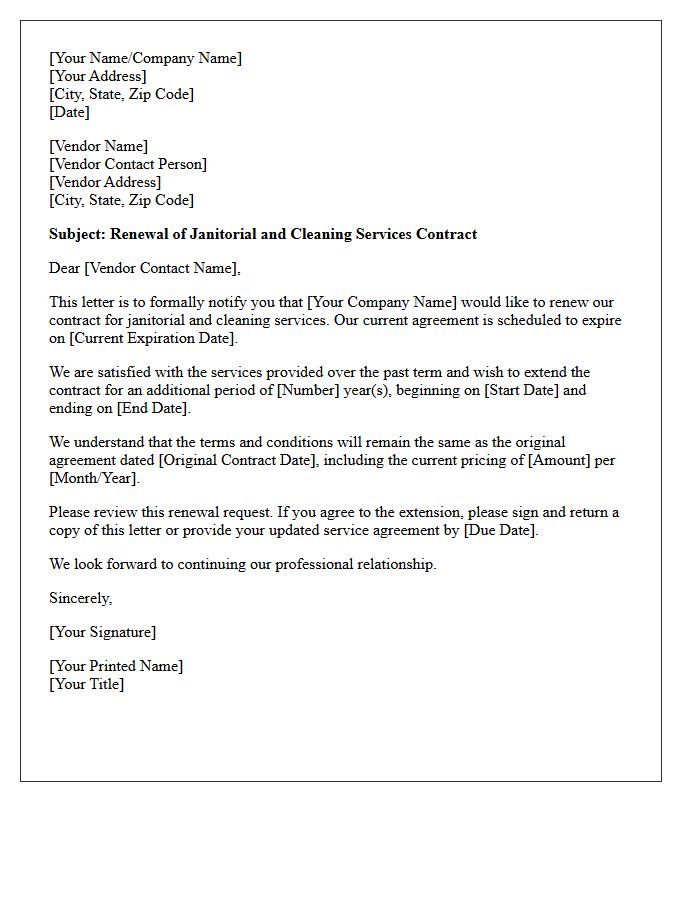Janitorial and Cleaning Vendor Contract Renewal Letter