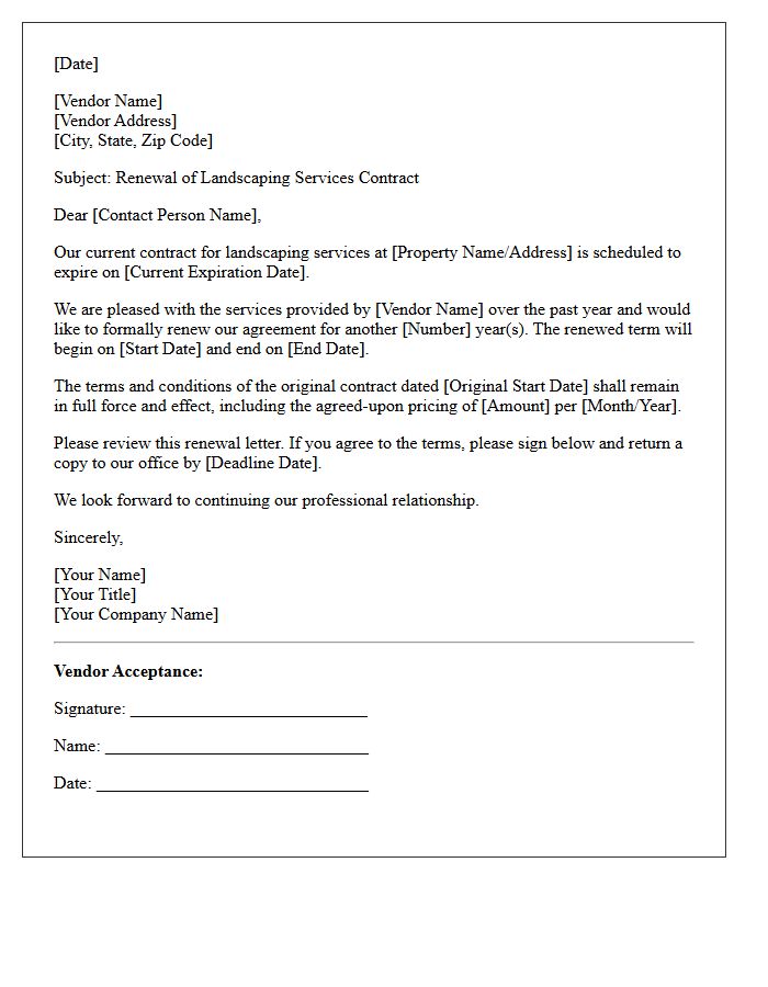 Landscaping Services Vendor Contract Renewal Letter