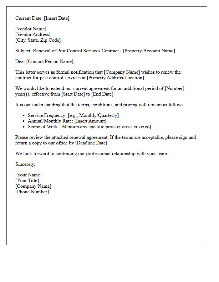 Pest Control Services Vendor Contract Renewal Letter
