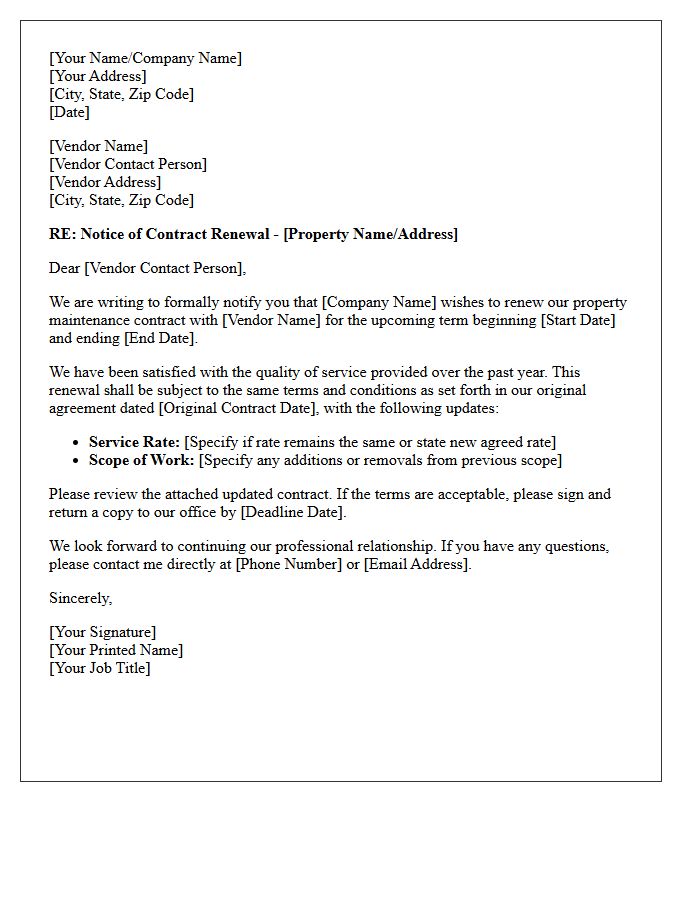 Property Maintenance Vendor Contract Renewal Letter