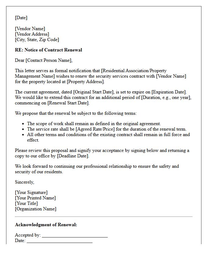 Residential Security Vendor Contract Renewal Letter