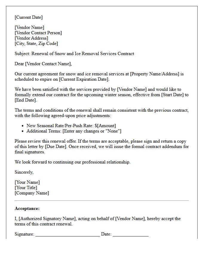 Snow and Ice Removal Vendor Contract Renewal Letter