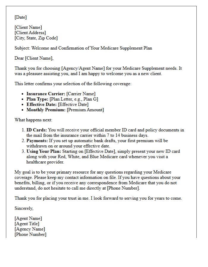 New Client Welcome Letter For Your Medicare Supplement Plan Selection