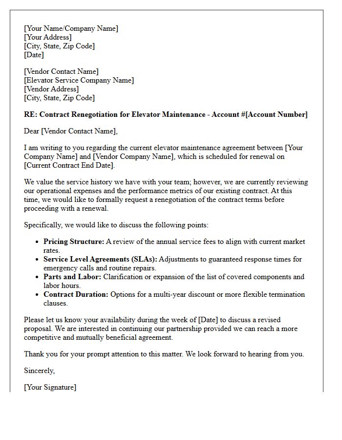 Elevator Maintenance Vendor Contract Renegotiation Letter