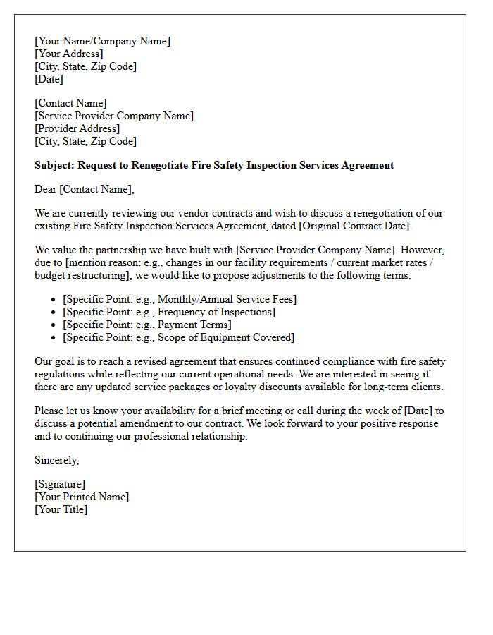 Fire Safety Inspection Services Agreement Renegotiation Letter