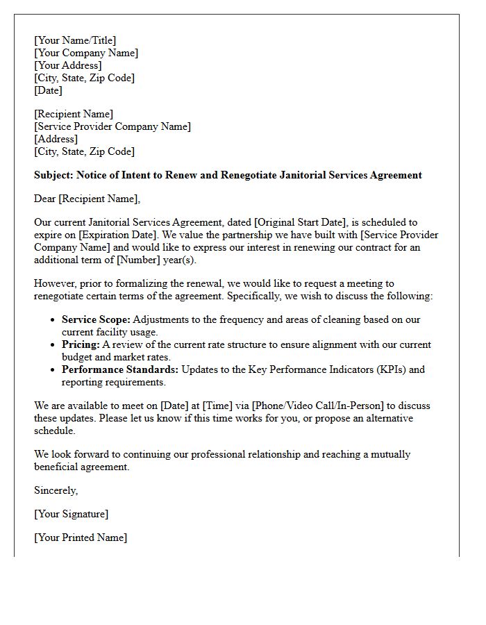 Janitorial Services Agreement Renewal and Renegotiation Letter