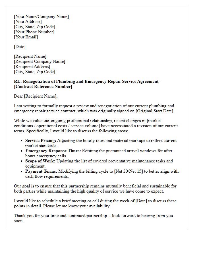 Plumbing and Emergency Repair Contract Renegotiation Letter