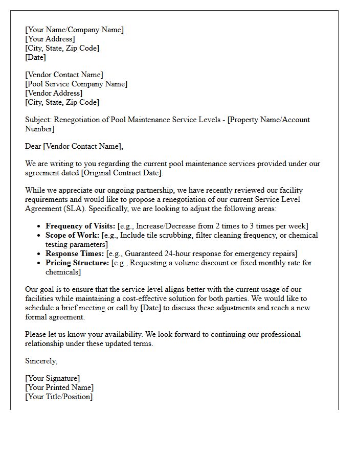 Pool Cleaning Vendor Service Level Renegotiation Letter