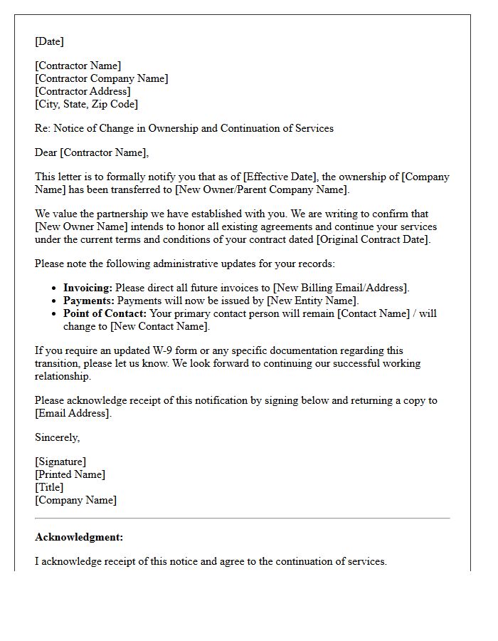 Continuation of Contractor Services Under New Ownership Letter