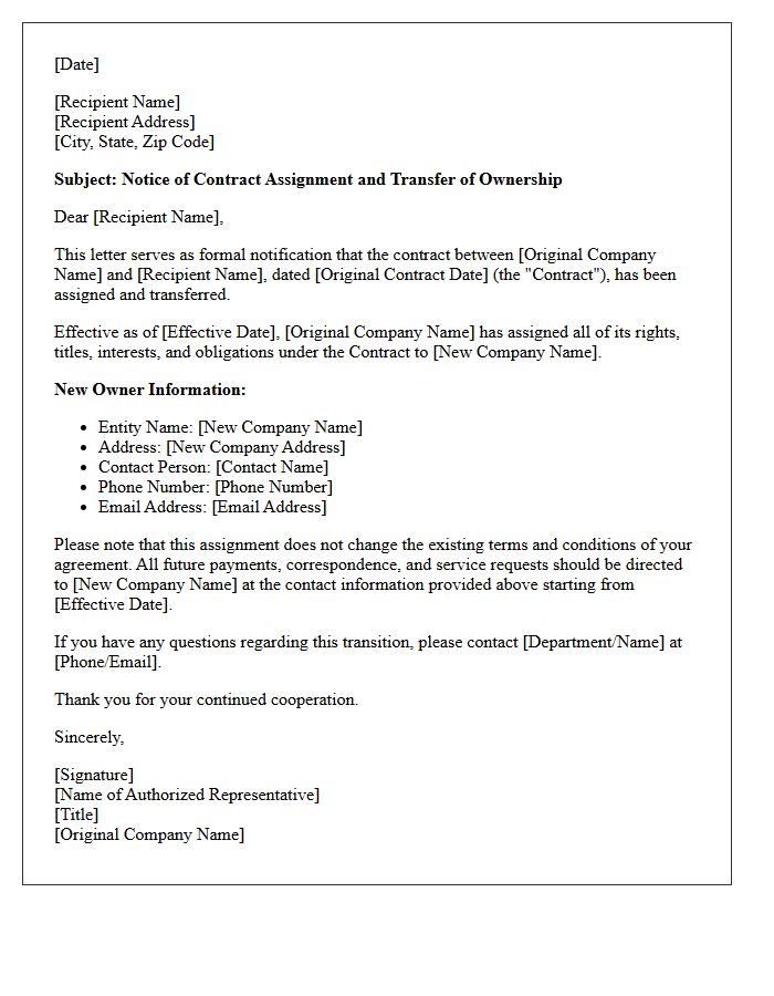 Contract Assignment and Ownership Transfer Notice Letter