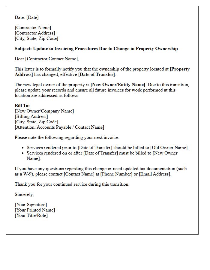 Contractor Invoicing Update for Property Ownership Change Letter