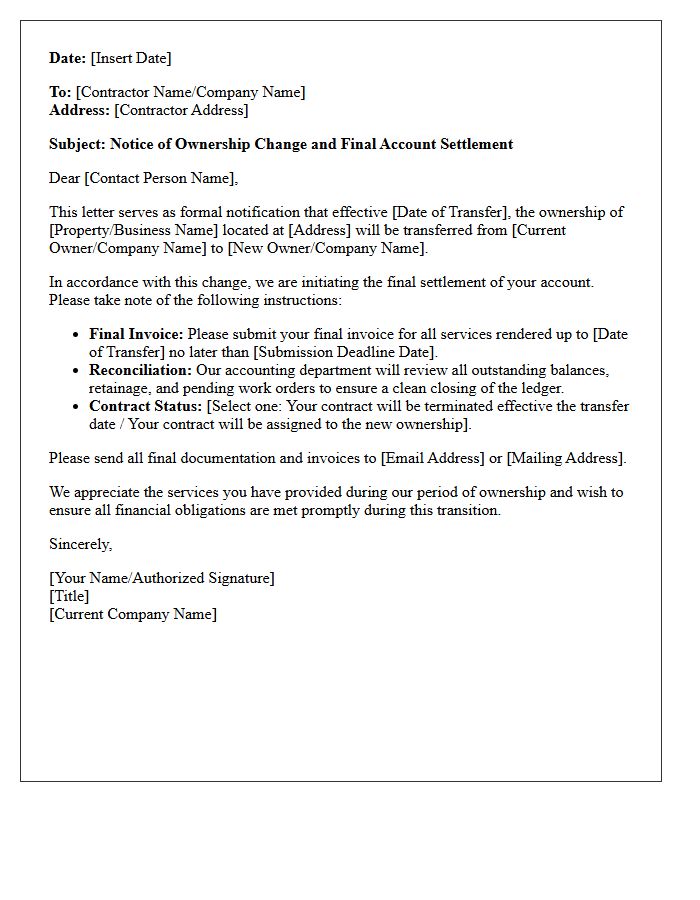 Final Account Settlement for Contractors Upon Ownership Change Letter