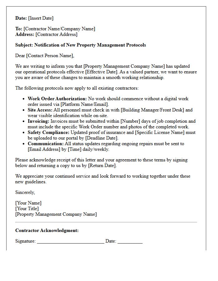 New Property Management Protocol for Existing Contractors Letter