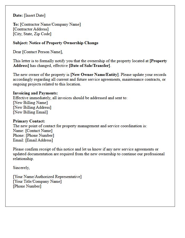 Notice of Property Ownership Change for Contractors Letter