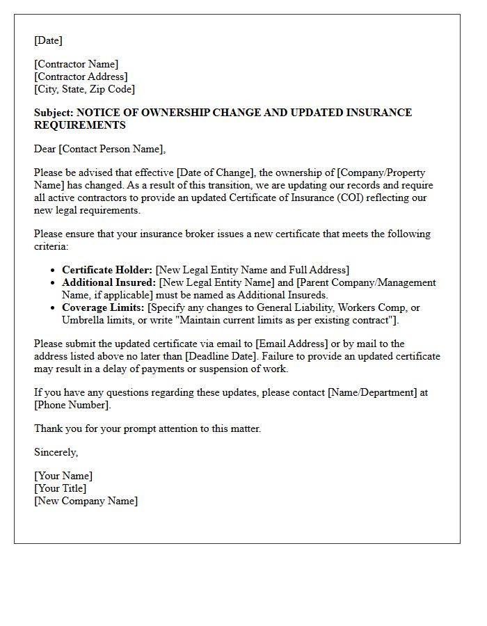 Updated Contractor Insurance Requirements Post Ownership Change Letter