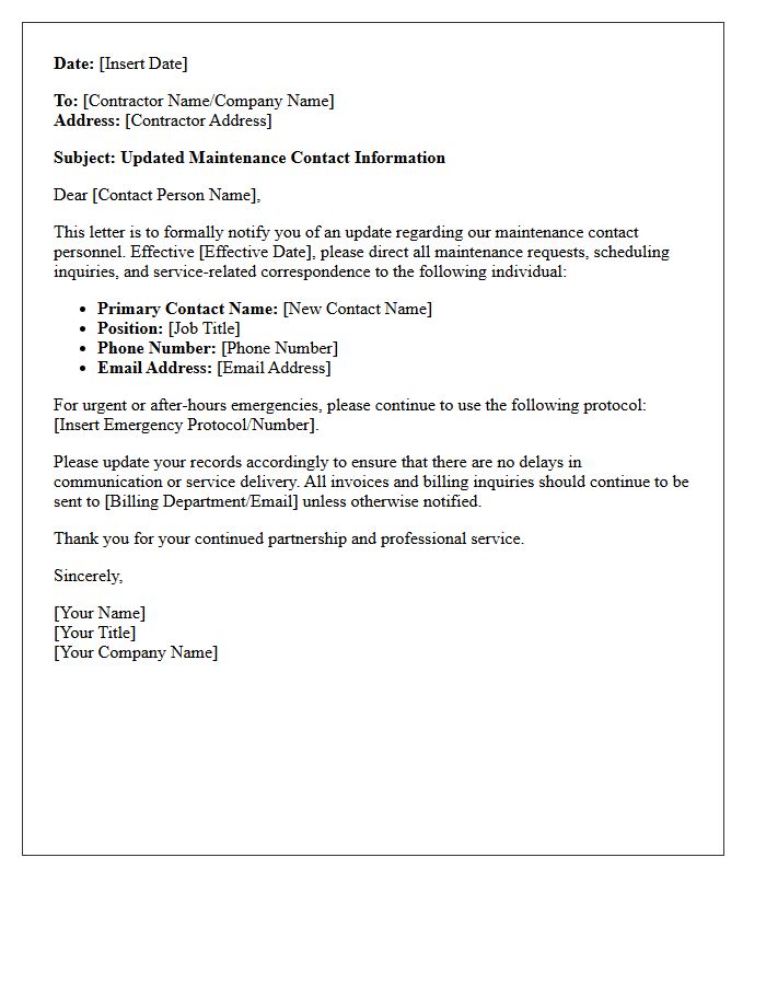 Updated Maintenance Contact Notice for Contractors Letter