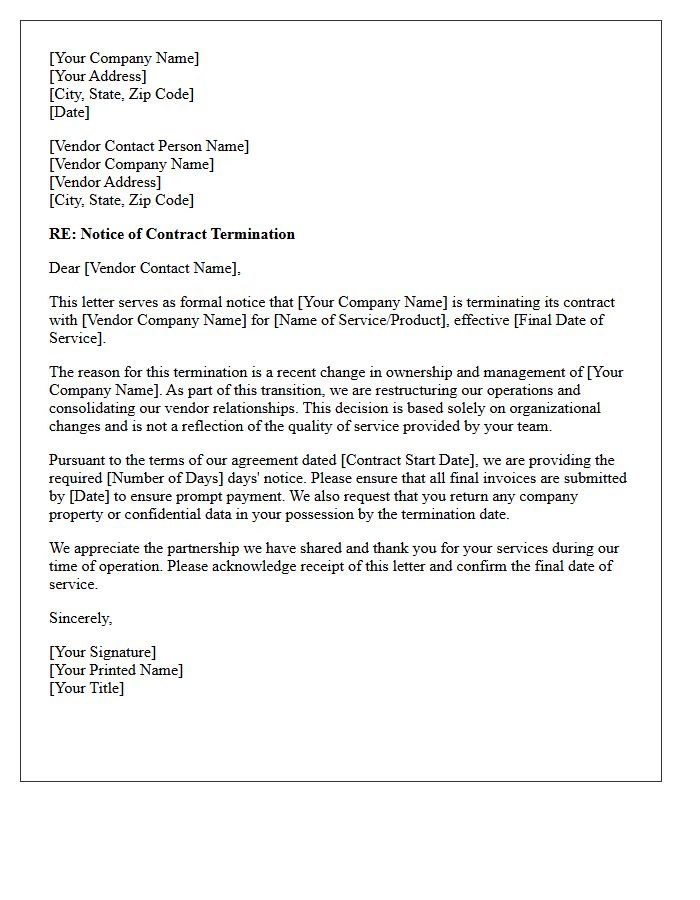 Vendor Contract Termination Due to Ownership Change Letter