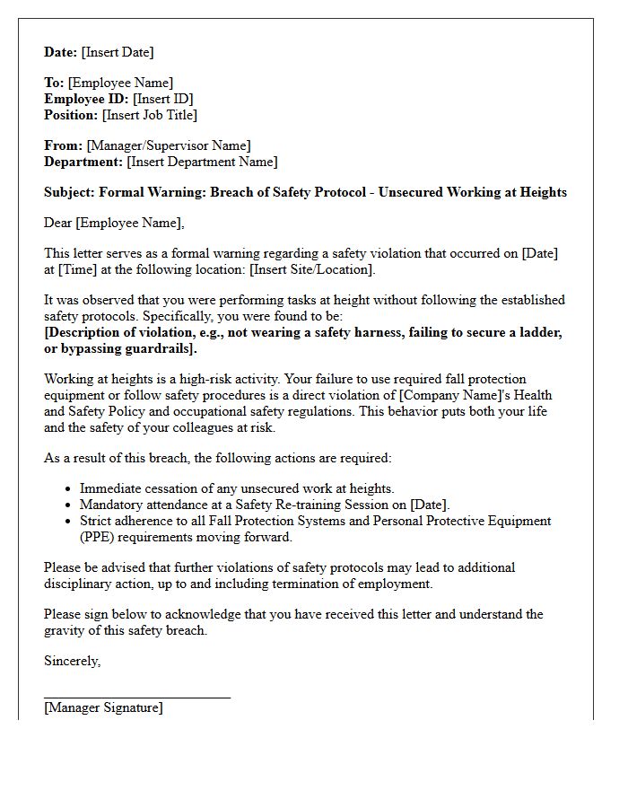 Breach of Safety Protocol Letter for Unsecured Working at Heights