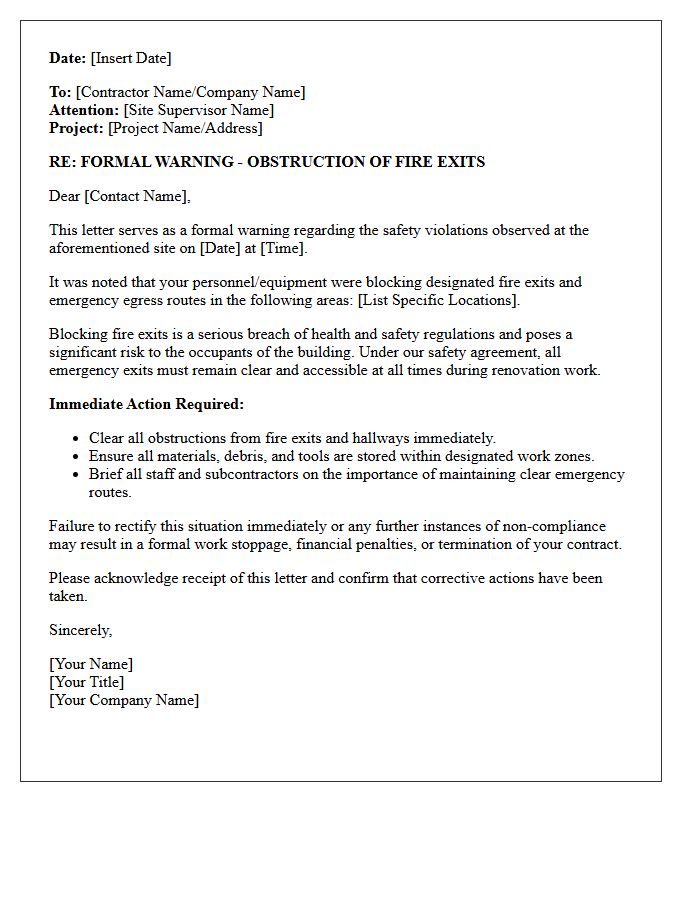 Contractor Warning Letter for Blocking Fire Exits During Renovation