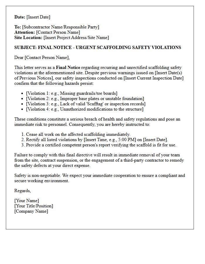 Final Notice Letter Regarding Scaffolding Safety Violations on Site
