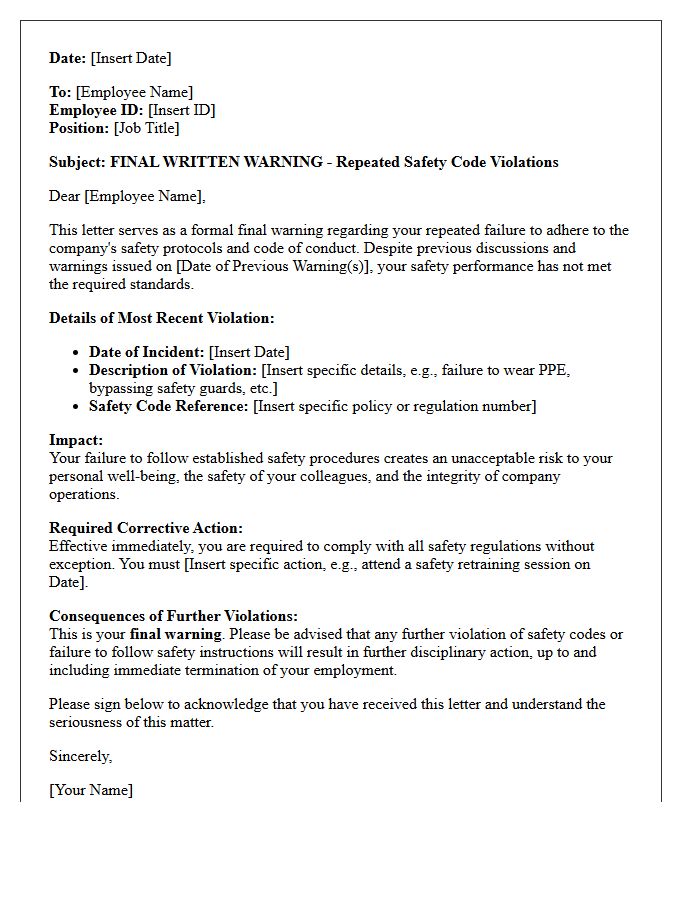 Final Warning Letter for Repeated Safety Code Violations