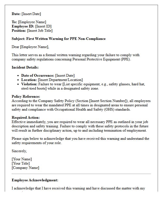 First Warning Letter for Personal Protective Equipment Non-Compliance