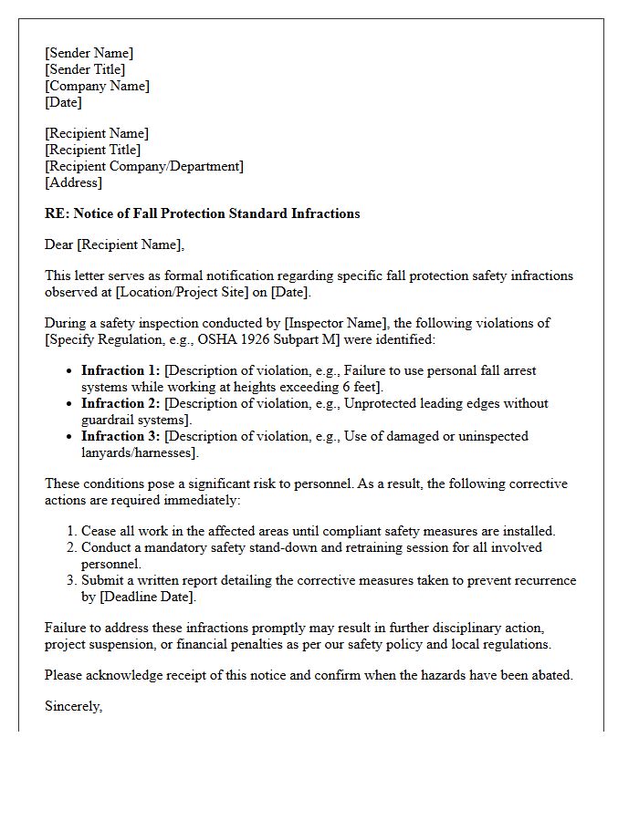 Formal Letter Detailing Fall Protection Standard Infractions