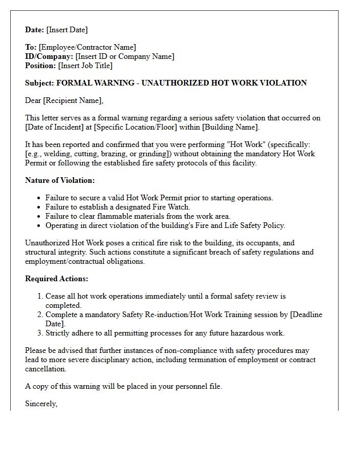 Formal Warning Letter for Unauthorized Hot Work in Commercial Building